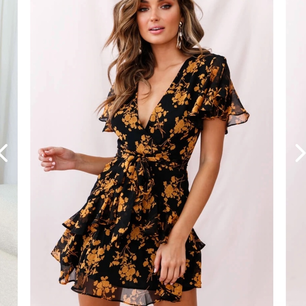 KERRY LAYERED ANGEL SLEEVE DRESS BLACK/ORANGE FLOWER